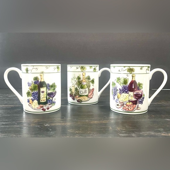 I. Godinger & Co Wine Cheese Fruit Bread Crackers Vines Cup Mug Set Of 3 - Picture 1 of 13